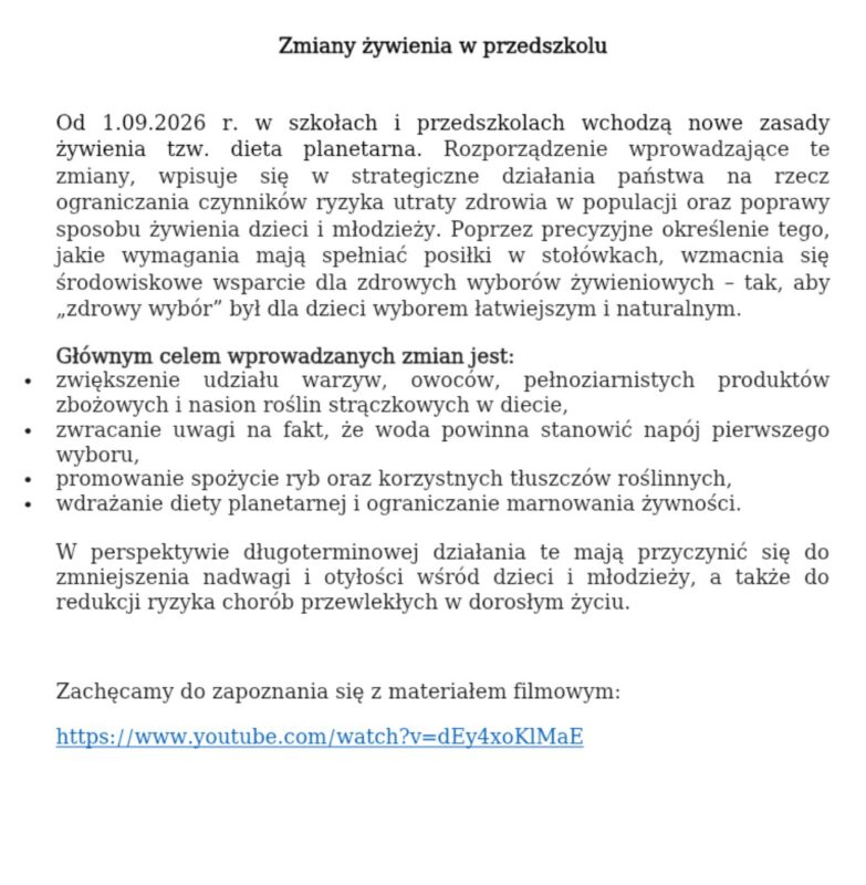 „Nowe zasady żywienia w przedszkolu”